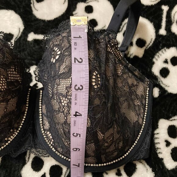 LA SENZA 34DD Black and nude pink floral lace underwire bra w/ clear rhinestones - Picture 8 of 13
